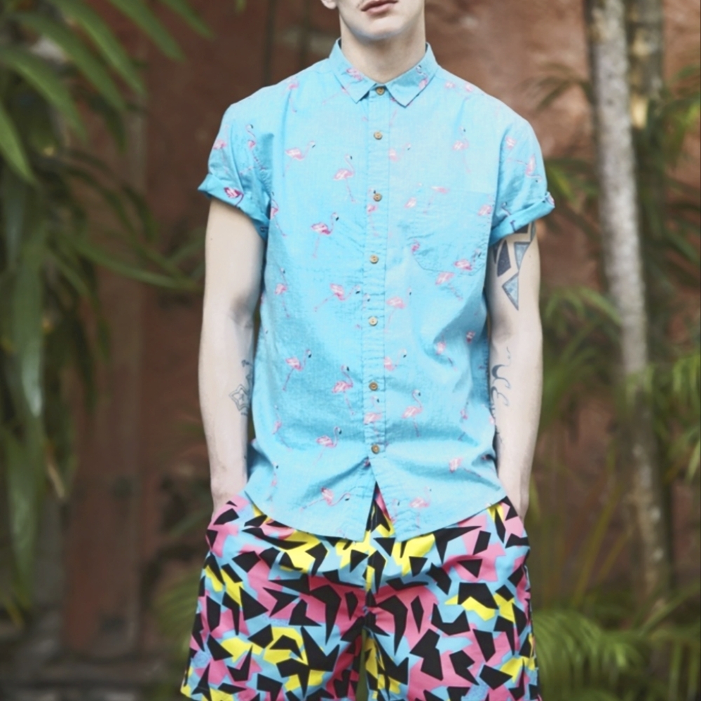 Public Opinion Flamingo Print Shirt Blue Size M Short Sleeve Cotton
